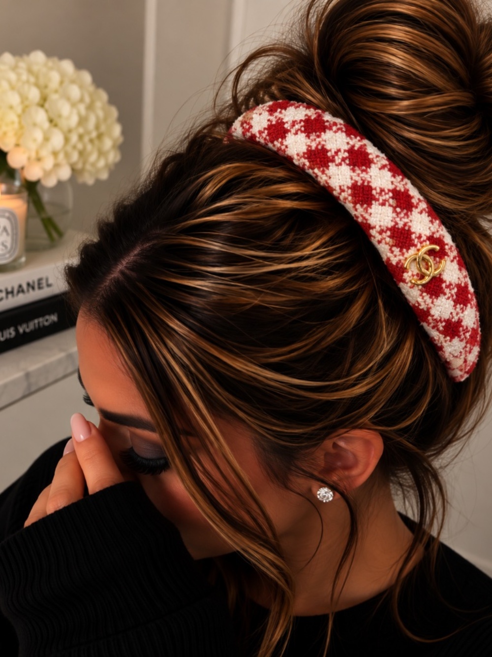 Tweed White & Red Headband with gold Emblem NEW